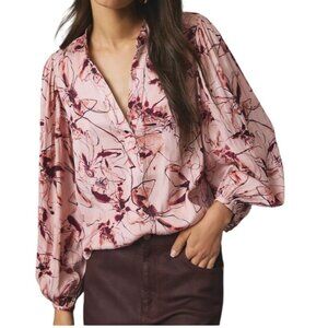 Anthropologie Pleated-Sleeve Henley Floral Blouse Small Pink Watercolor Print